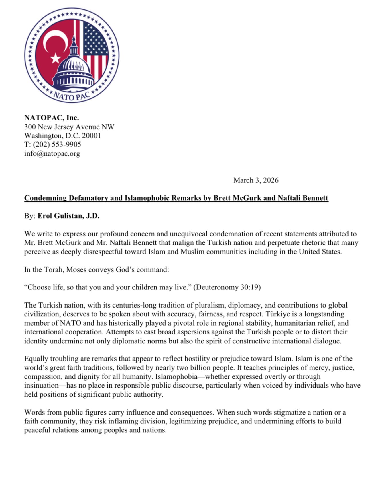 Condemning Defamatory and Islamophobic Remarks by Brett McGurk and Naftali Bennett